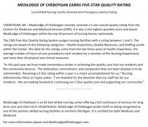 Cheboygan – 5 Star Rating Press Release
