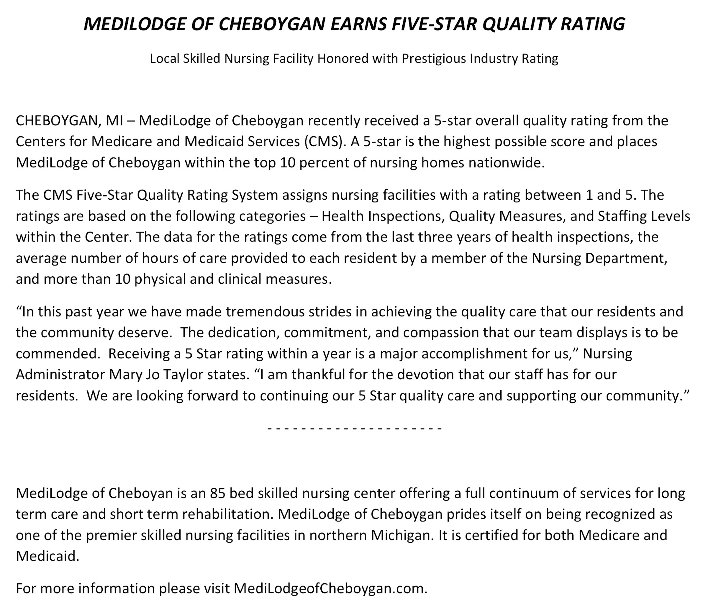 Cheboygan – 5 Star Rating Press Release